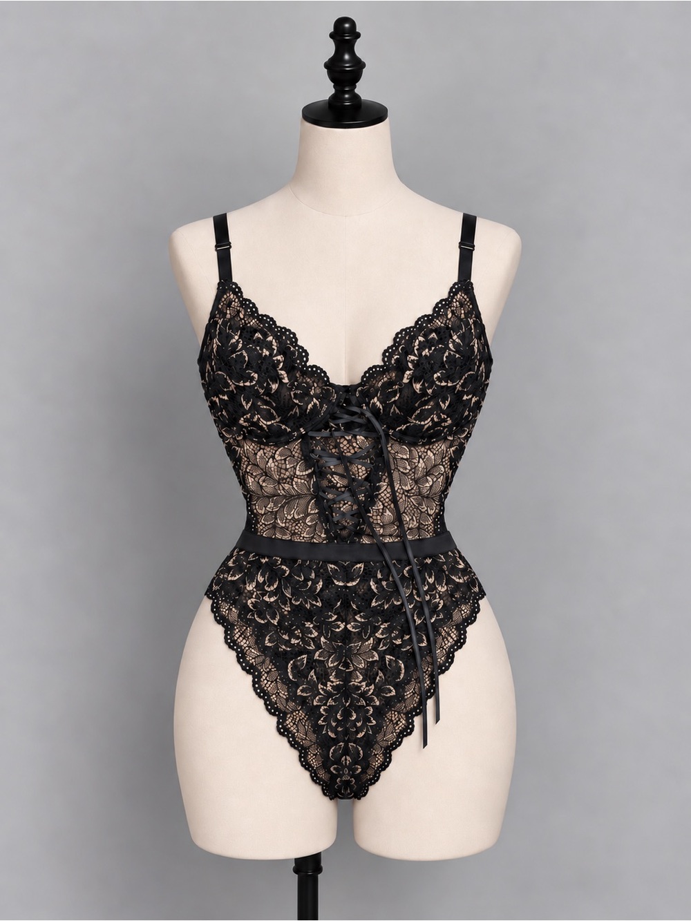 La Vie En Rose Black & Gold Lace Corset Bodysuit with Front Lacing